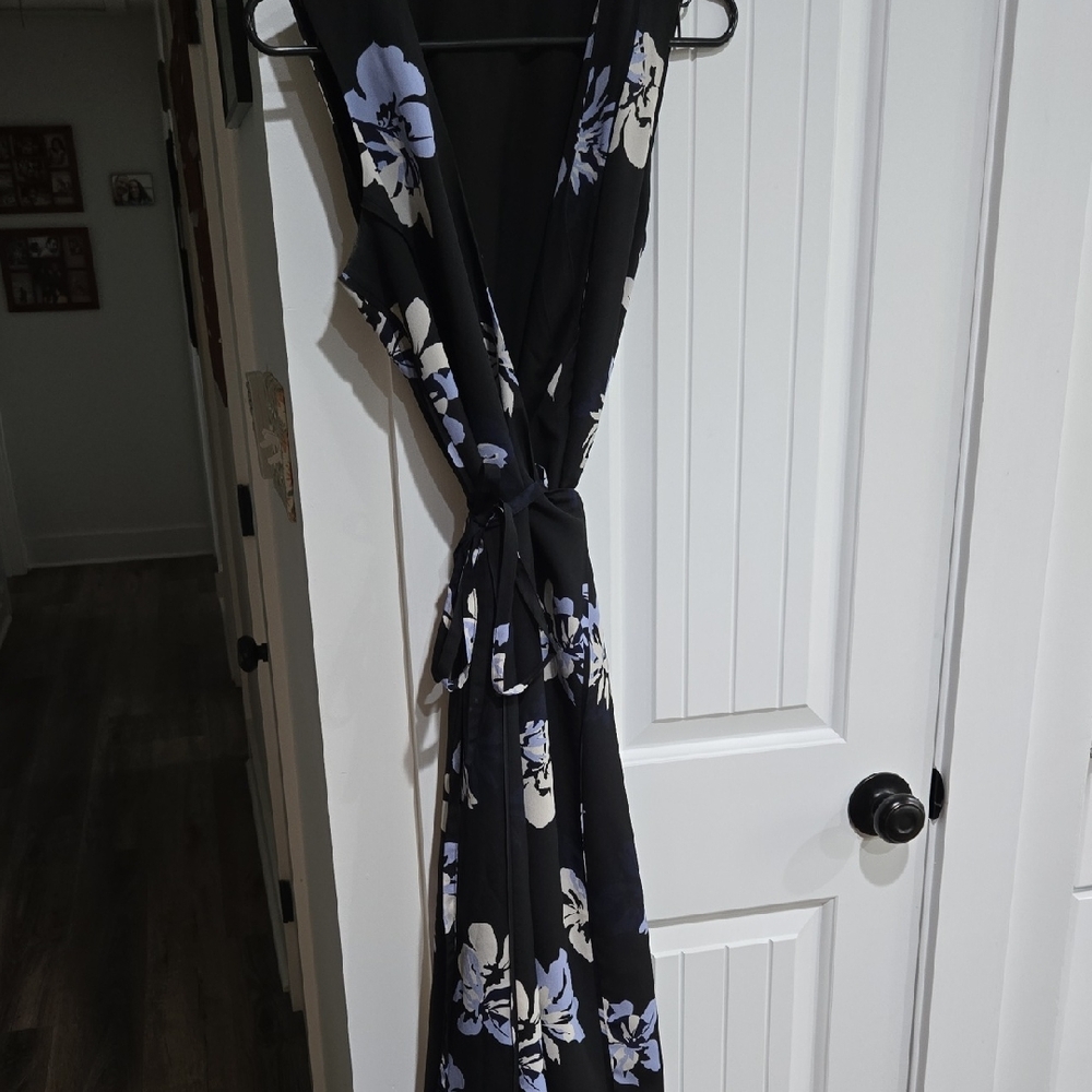 Floral Black, Lavender, and White V-neck Maxi Wrap Dress